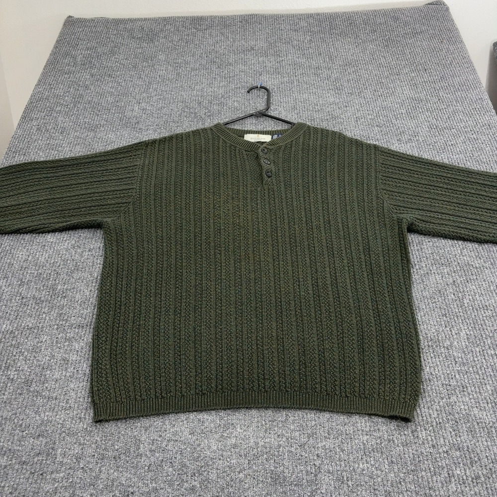 Vintage Bill Blass Sweater Mens XL Green Cotton Acrylic Henley Ribbed Knit Retro